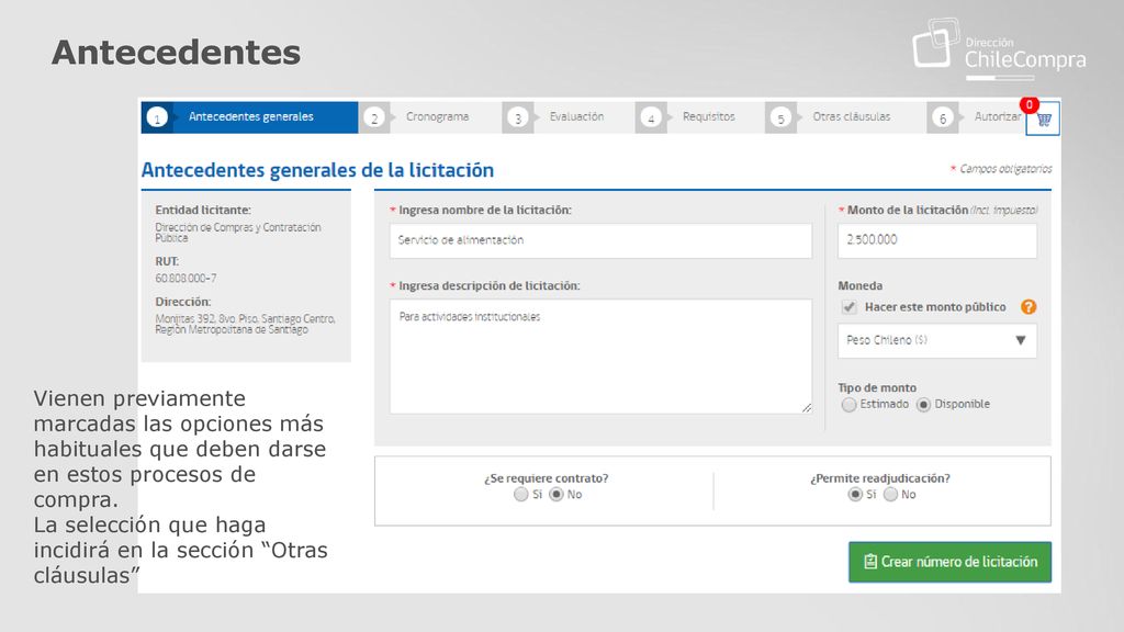 Antecedentes Vienen previamente marcadas las opciones más habituales que deben darse en estos procesos de compra.