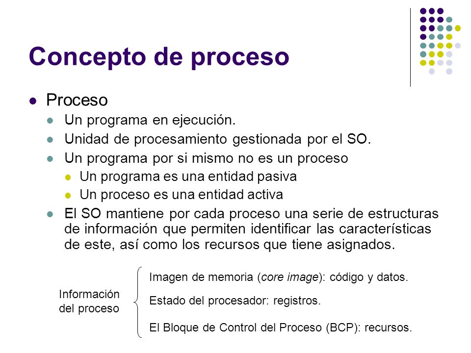 Concepto de proceso Proceso Un programa en ejecución.