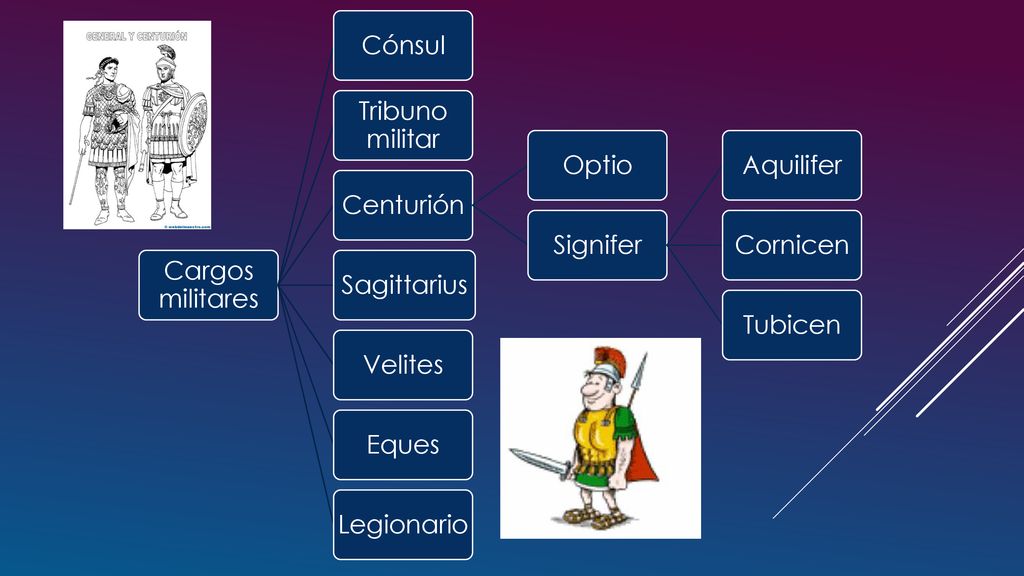 Cargos militares Cónsul. Tribuno militar. Centurión. Optio. Signifer. Aquilifer. Cornicen. Tubicen.
