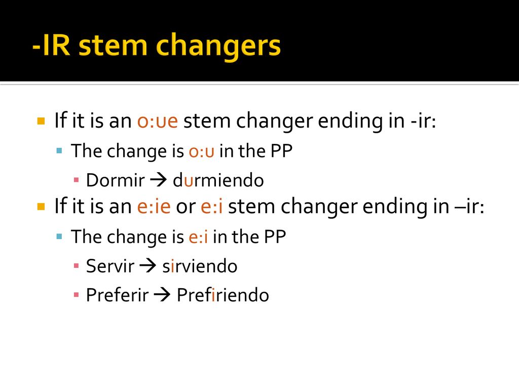-IR stem changers If it is an o:ue stem changer ending in -ir: