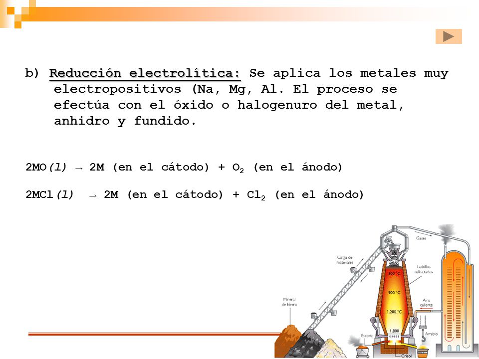 b) Reducción electrolítica: Se aplica los metales muy electropositivos (Na, Mg, Al. El proceso se efectúa con el óxido o halogenuro del metal, anhidro y fundido.