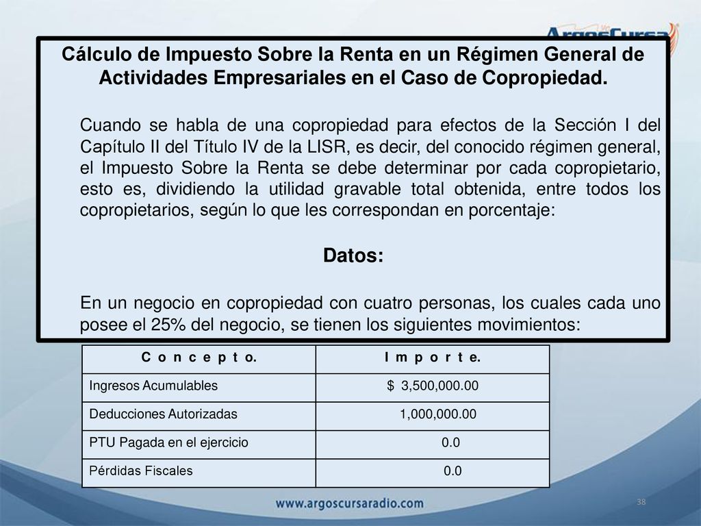 Cálculo de Impuesto Sobre la Renta en un Régimen General de Actividades Empresariales en el Caso de Copropiedad.