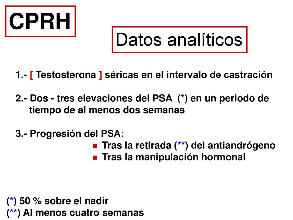 CPRH Datos analíticos. 1.- [ Testosterona ] séricas en el intervalo de castración. 2.- Dos - tres elevaciones del PSA (*) en un periodo de.