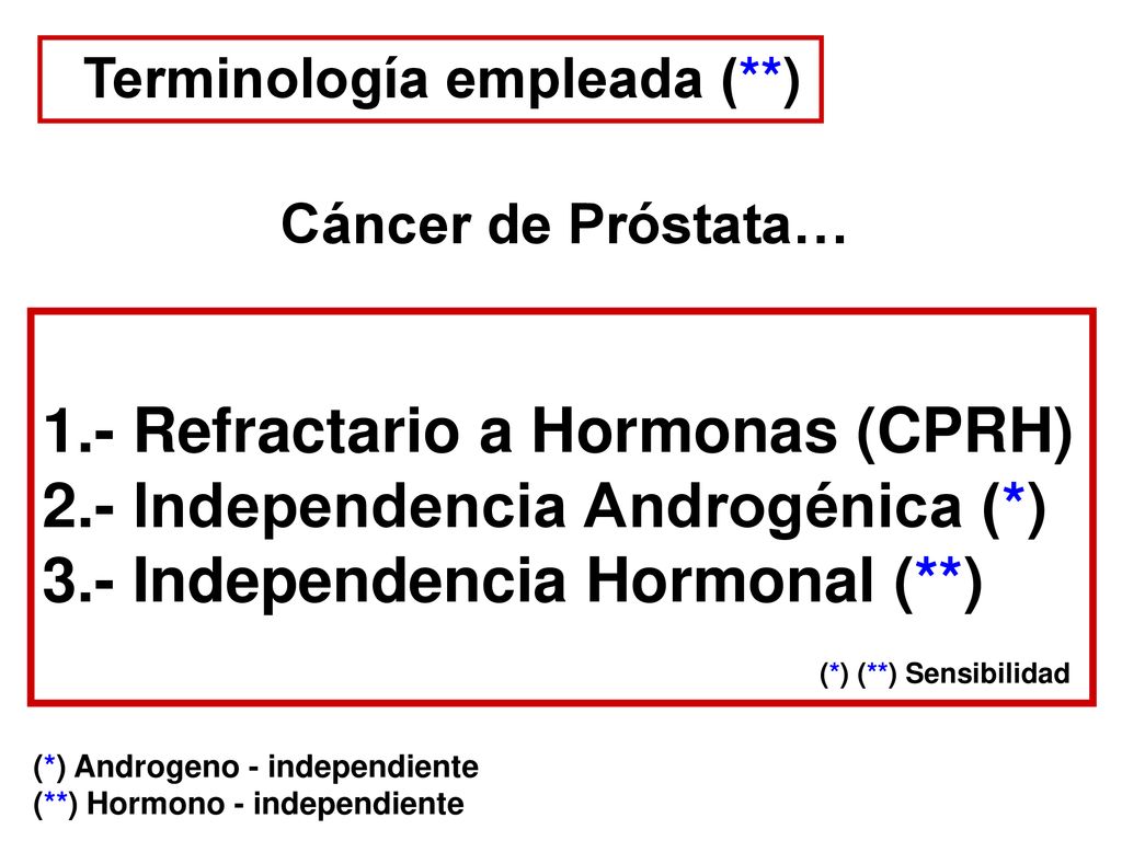 1.- Refractario a Hormonas (CPRH) 2.- Independencia Androgénica (*)