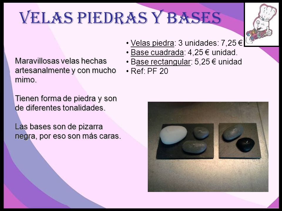 Velas piedras y bases Velas piedra: 3 unidades: 7,25 €