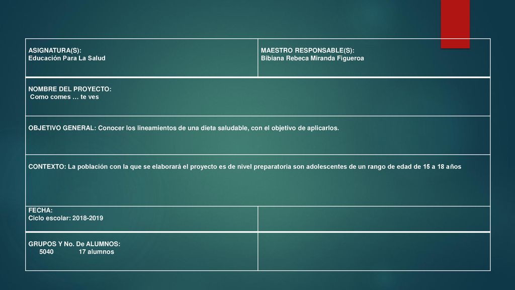 ASIGNATURA(S): Educación Para La Salud. MAESTRO RESPONSABLE(S): Bibiana Rebeca Miranda Figueroa.