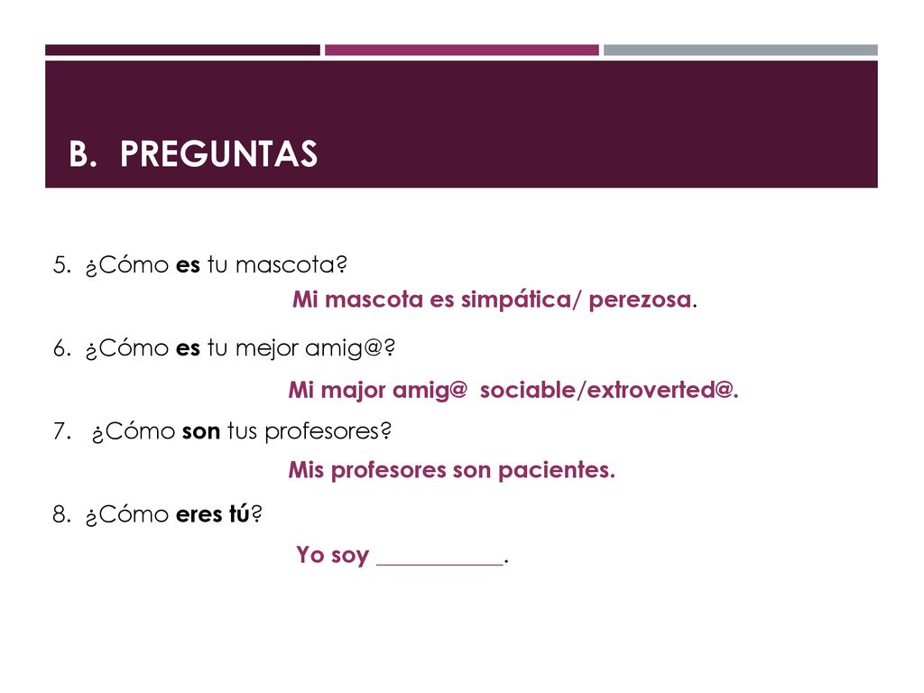 B. Preguntas 5. ¿Cómo es tu mascota 6. ¿Cómo es tu mejor