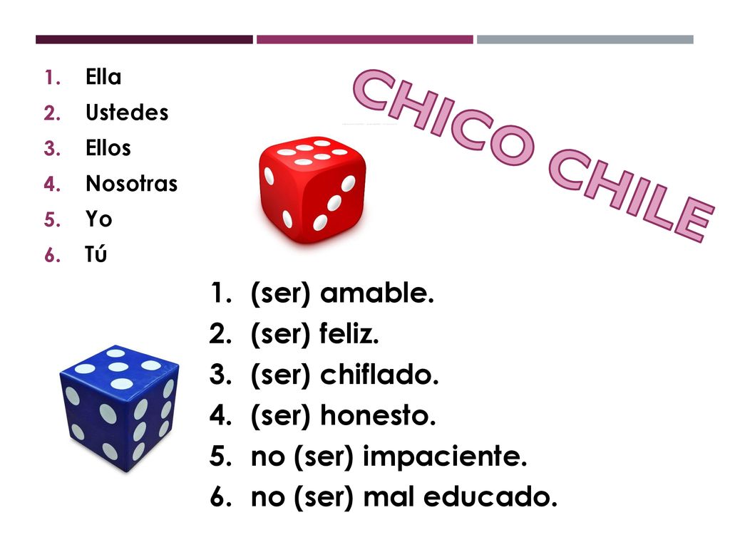 CHICO CHILE (ser) amable. (ser) feliz. (ser) chiflado. (ser) honesto.