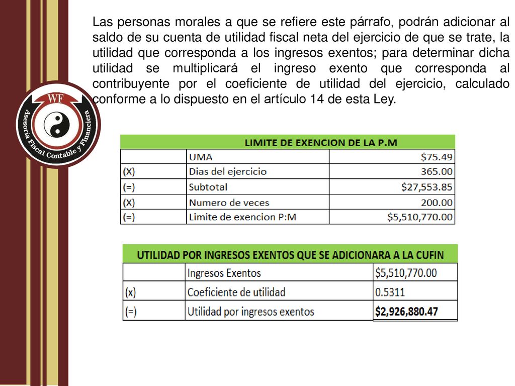 Las personas morales a que se refiere este párrafo, podrán adicionar al saldo de su cuenta de utilidad fiscal neta del ejercicio de que se trate, la utilidad que corresponda a los ingresos exentos; para determinar dicha utilidad se multiplicará el ingreso exento que corresponda al contribuyente por el coeficiente de utilidad del ejercicio, calculado conforme a lo dispuesto en el artículo 14 de esta Ley.