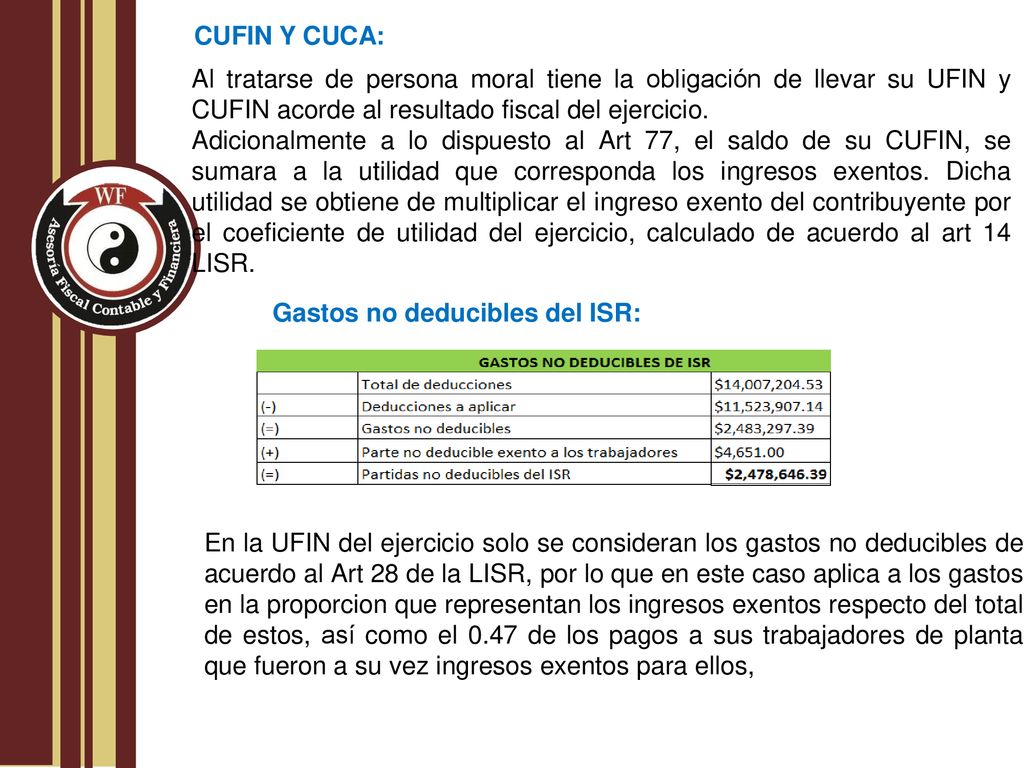 CUFIN Y CUCA: Al tratarse de persona moral tiene la obligación de llevar su UFIN y CUFIN acorde al resultado fiscal del ejercicio.