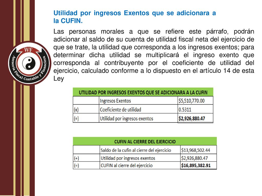 Utilidad por ingresos Exentos que se adicionara a la CUFIN.