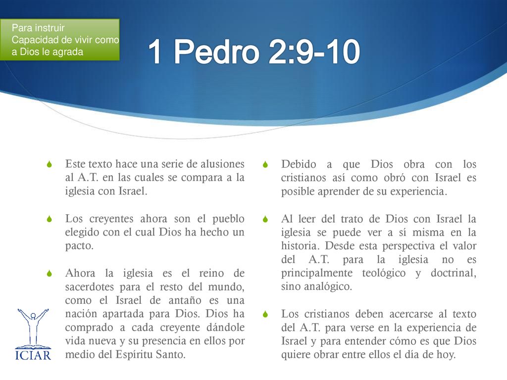 Para instruir Capacidad de vivir como a Dios le agrada. 1 Pedro 2:9-10.