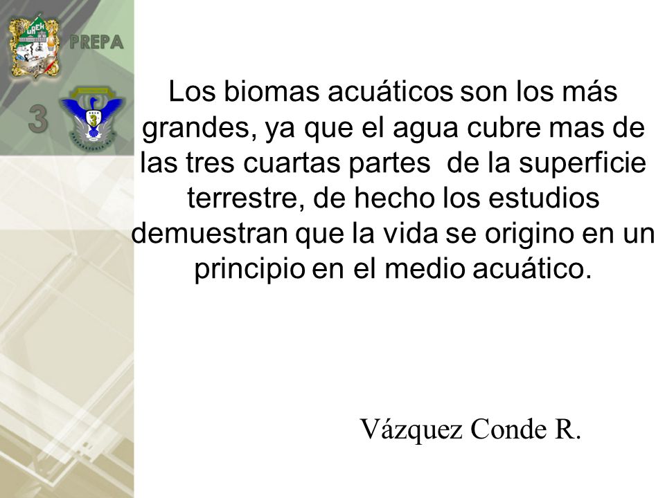 Los biomas acuáticos son los más grandes, ya que el agua cubre mas de las tres cuartas partes de la superficie terrestre, de hecho los estudios demuestran que la vida se origino en un principio en el medio acuático.