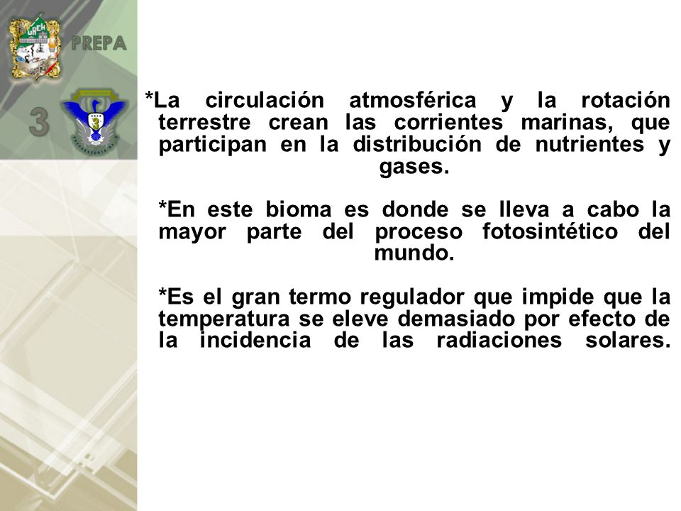 *La circulación atmosférica y la rotación terrestre crean las corrientes marinas, que participan en la distribución de nutrientes y gases.