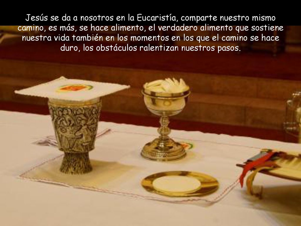 Jesús se da a nosotros en la Eucaristía, comparte nuestro mismo camino, es más, se hace alimento, el verdadero alimento que sostiene nuestra vida también en los momentos en los que el camino se hace duro, los obstáculos ralentizan nuestros pasos.