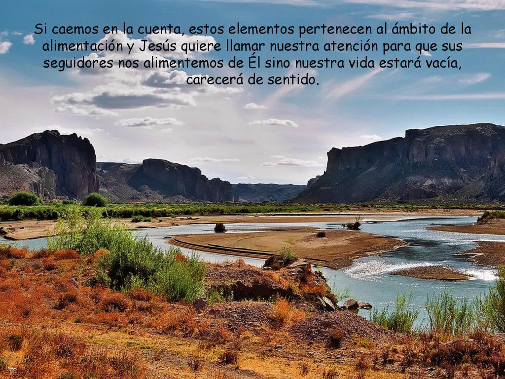 Si caemos en la cuenta, estos elementos pertenecen al ámbito de la alimentación y Jesús quiere llamar nuestra atención para que sus seguidores nos alimentemos de Él sino nuestra vida estará vacía, carecerá de sentido.