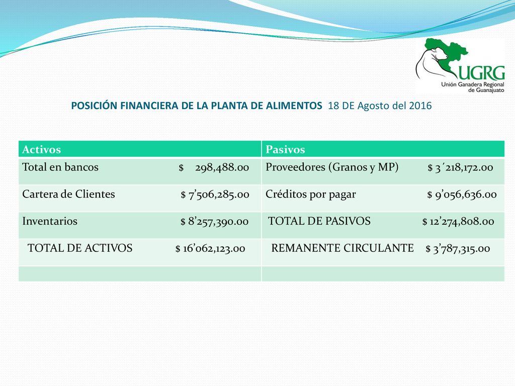 POSICIÓN FINANCIERA DE LA PLANTA DE ALIMENTOS 18 DE Agosto del 2016