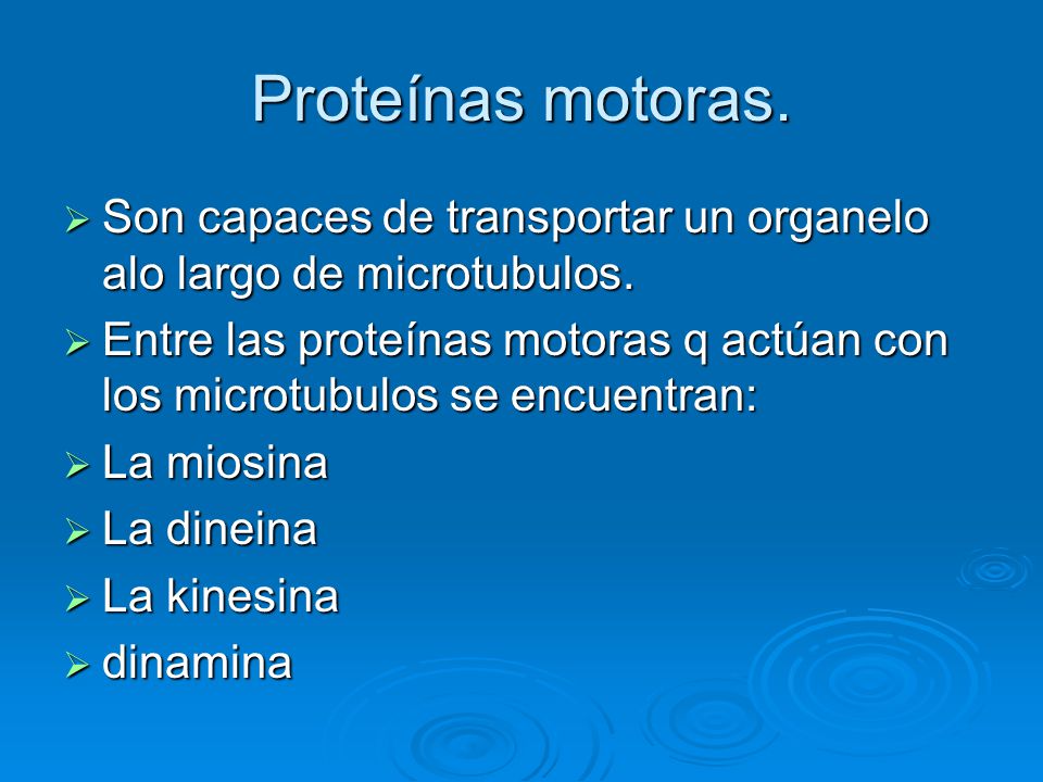 Proteínas motoras. Son capaces de transportar un organelo alo largo de microtubulos.