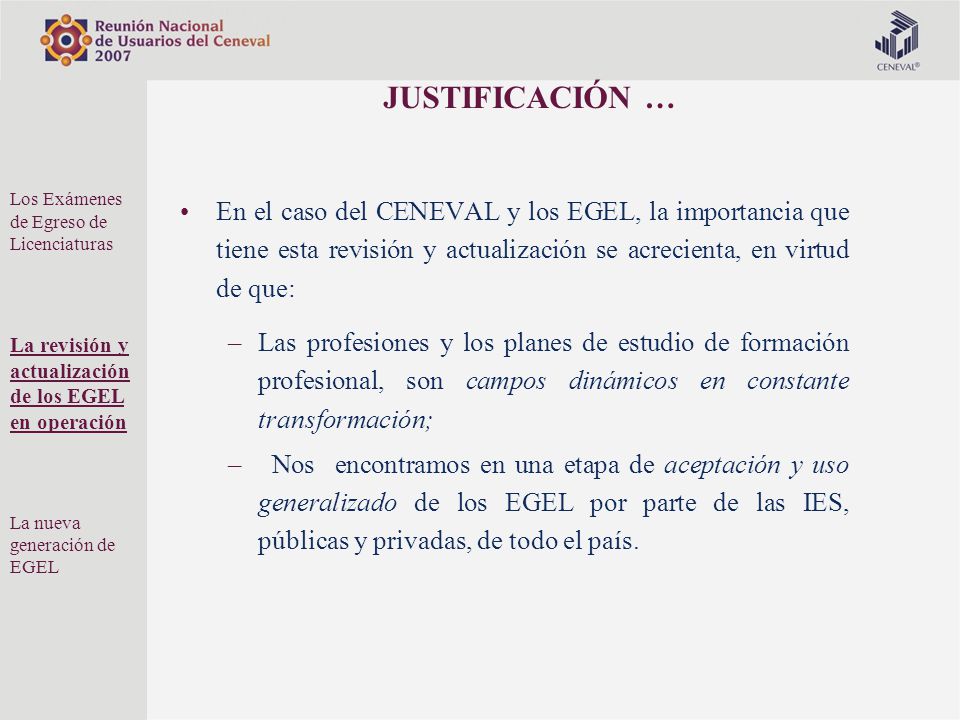 JUSTIFICACIÓN … Los Exámenes de Egreso de Licenciaturas. La revisión y actualización de los EGEL en operación.