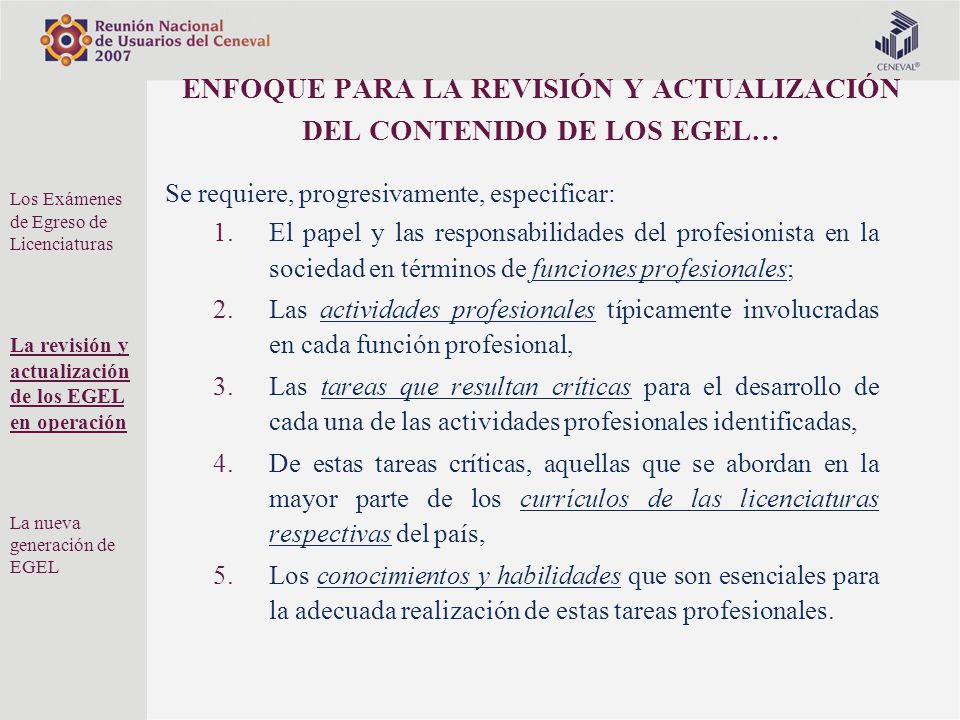 ENFOQUE PARA LA REVISIÓN Y ACTUALIZACIÓN DEL CONTENIDO DE LOS EGEL…
