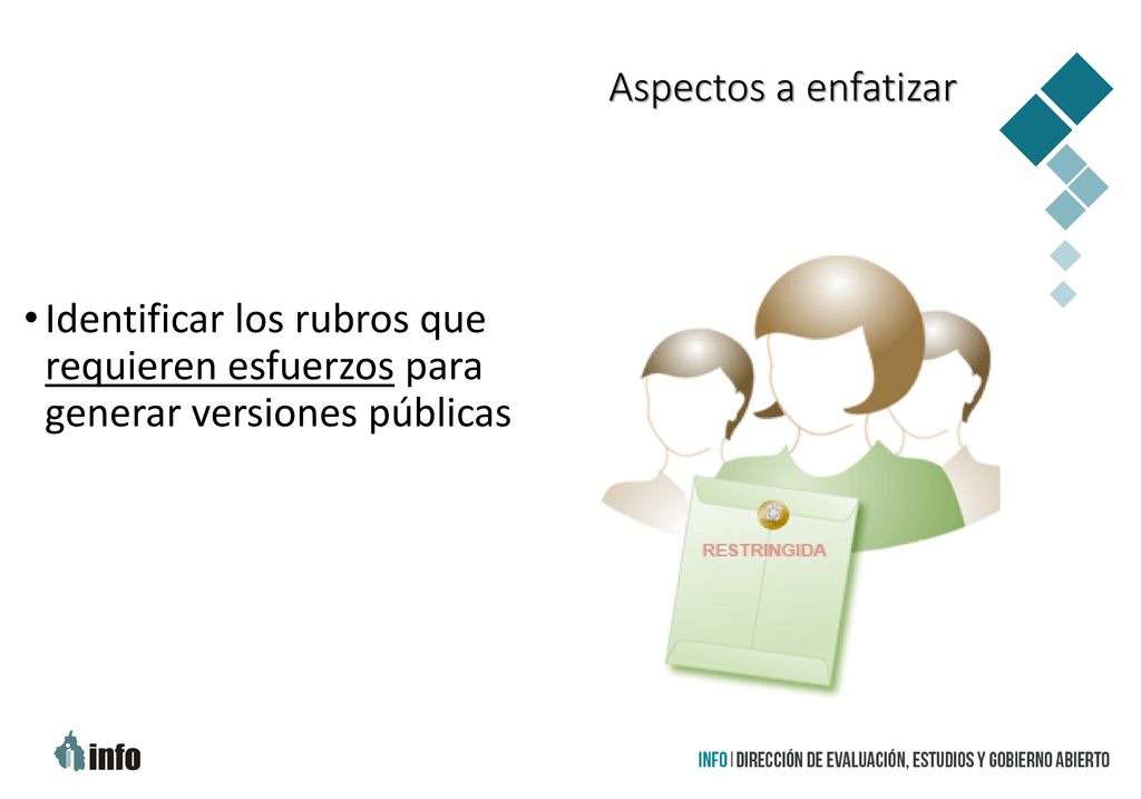 Aspectos a enfatizar Identificar los rubros que requieren esfuerzos para generar versiones públicas.
