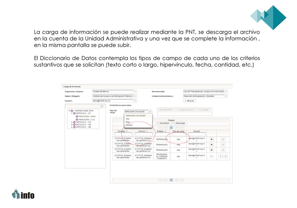 La carga de información se puede realizar mediante la PNT, se descarga el archivo en la cuenta de la Unidad Administrativa y una vez que se complete la información , en la misma pantalla se puede subir.