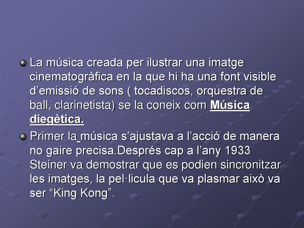 La música creada per ilustrar una imatge cinematogràfica en la que hi ha una font visible d’emissió de sons ( tocadiscos, orquestra de ball, clarinetista) se la coneix com Música diegètica.