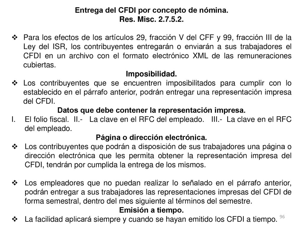 Entrega del CFDI por concepto de nómina. Res. Misc