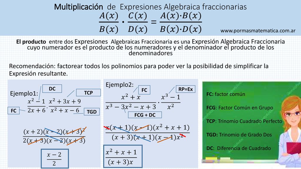 Multiplicación de Expresiones Algebraica fraccionarias 𝐴(𝑥) 𝐵(𝑥) ∙ 𝐶(𝑥) 𝐷(𝑥) = 𝐴(𝑥)∙𝐵(𝑥) 𝐵 𝑥 ∙𝐷 𝑥