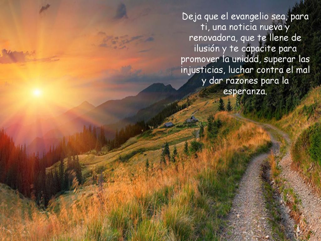 Deja que el evangelio sea, para ti, una noticia nueva y renovadora, que te llene de ilusión y te capacite para promover la unidad, superar las injusticias, luchar contra el mal y dar razones para la esperanza.