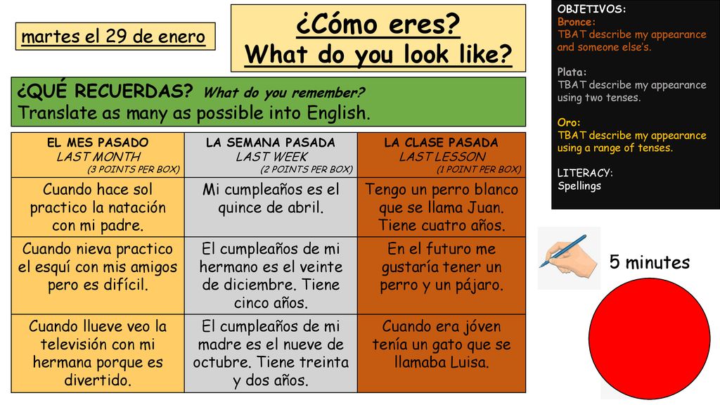 ¿Cómo eres What do you look like martes el 29 de enero