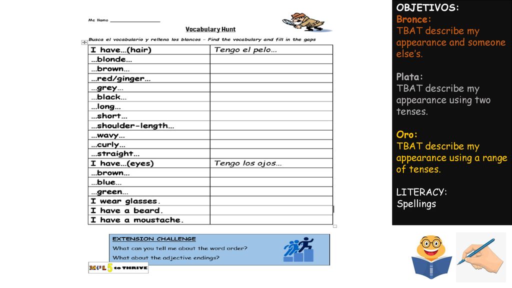 OBJETIVOS: Bronce: TBAT describe my appearance and someone else’s. Plata: TBAT describe my appearance using two tenses.