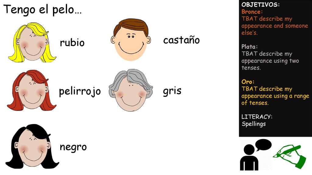 Tengo el pelo… castaño rubio pelirrojo gris negro OBJETIVOS: Bronce: