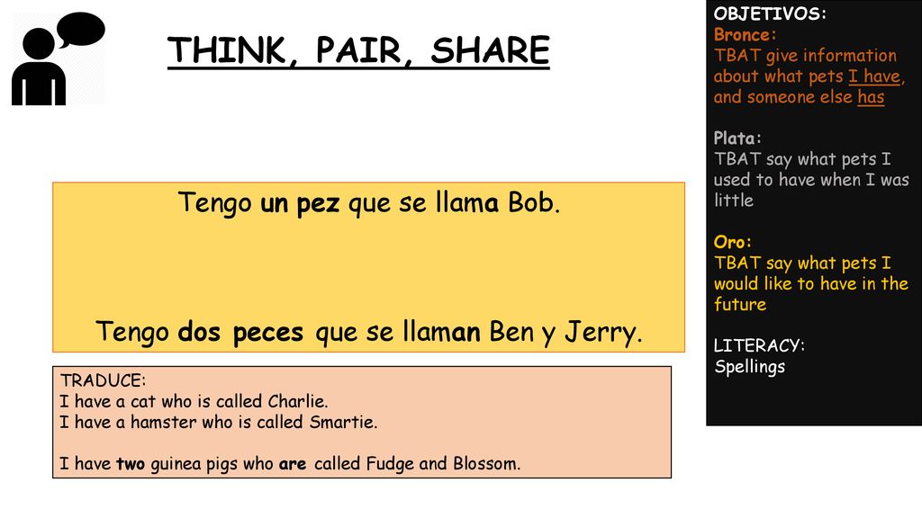 THINK, PAIR, SHARE Tengo un pez que se llama Bob.