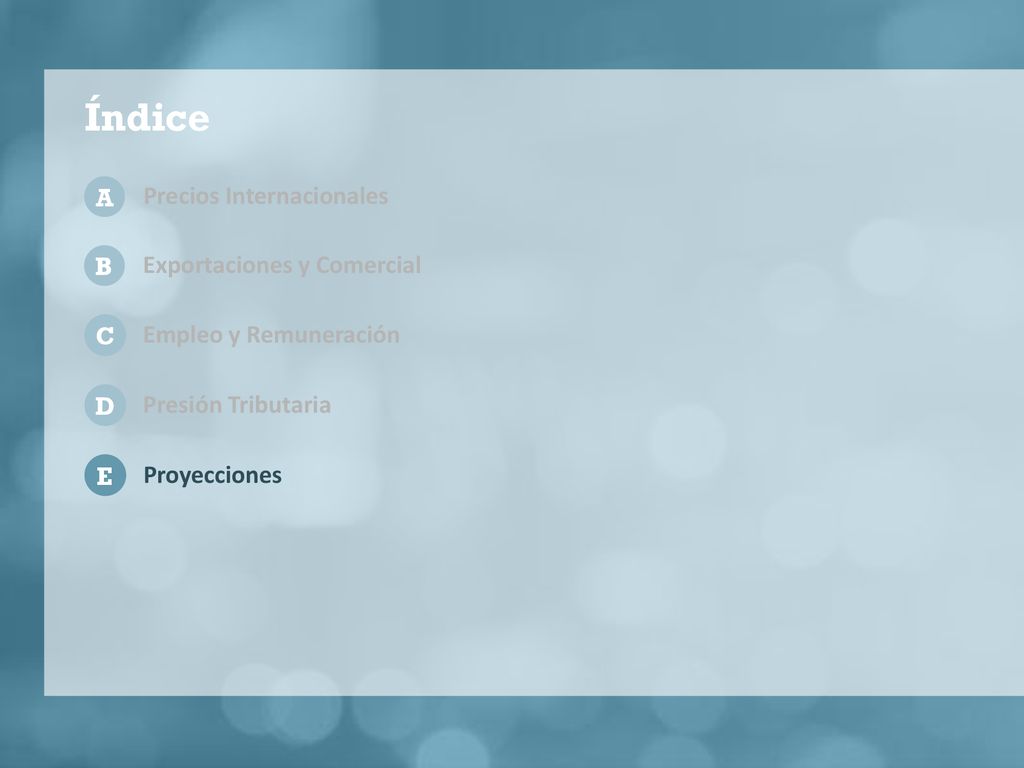 A Precios Internacionales. B. Exportaciones y Comercial. C. Empleo y Remuneración. D. Presión Tributaria.