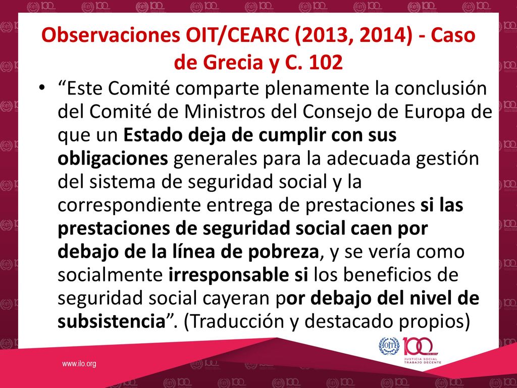 Observaciones OIT/CEARC (2013, 2014) - Caso de Grecia y C. 102