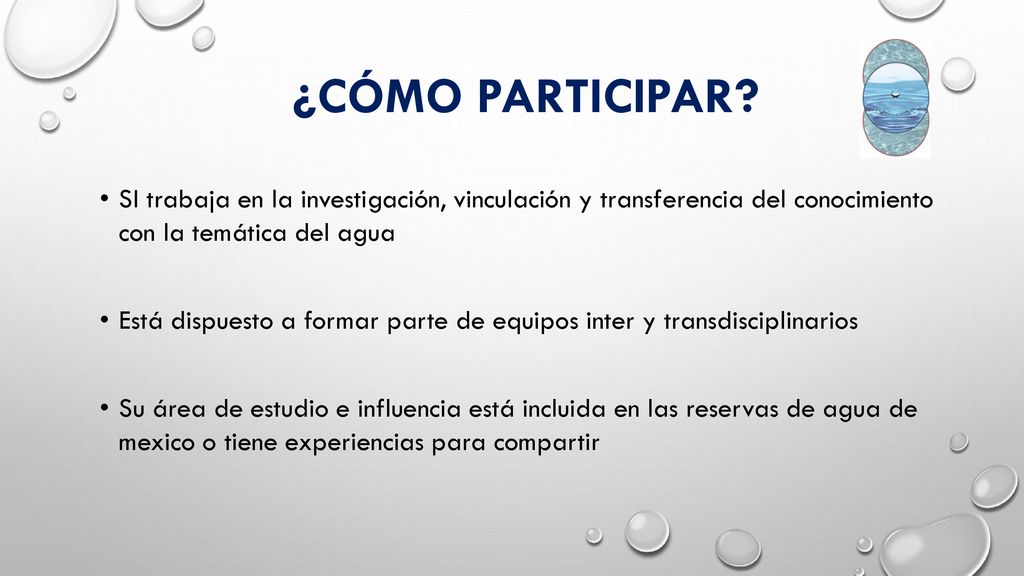 ¿Cómo participar SI trabaja en la investigación, vinculación y transferencia del conocimiento con la temática del agua.
