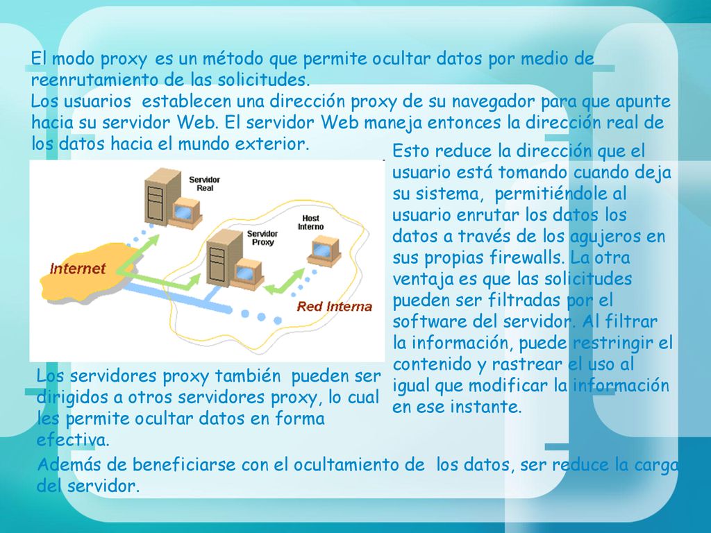 El modo proxy es un método que permite ocultar datos por medio de reenrutamiento de las solicitudes.