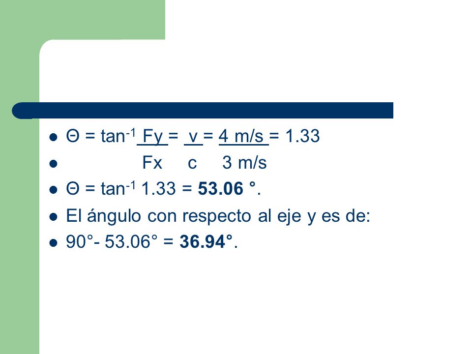 Θ = tan-1 Fy = v = 4 m/s = 1.33 Fx c 3 m/s. Θ = tan = °. El ángulo con respecto al eje y es de: