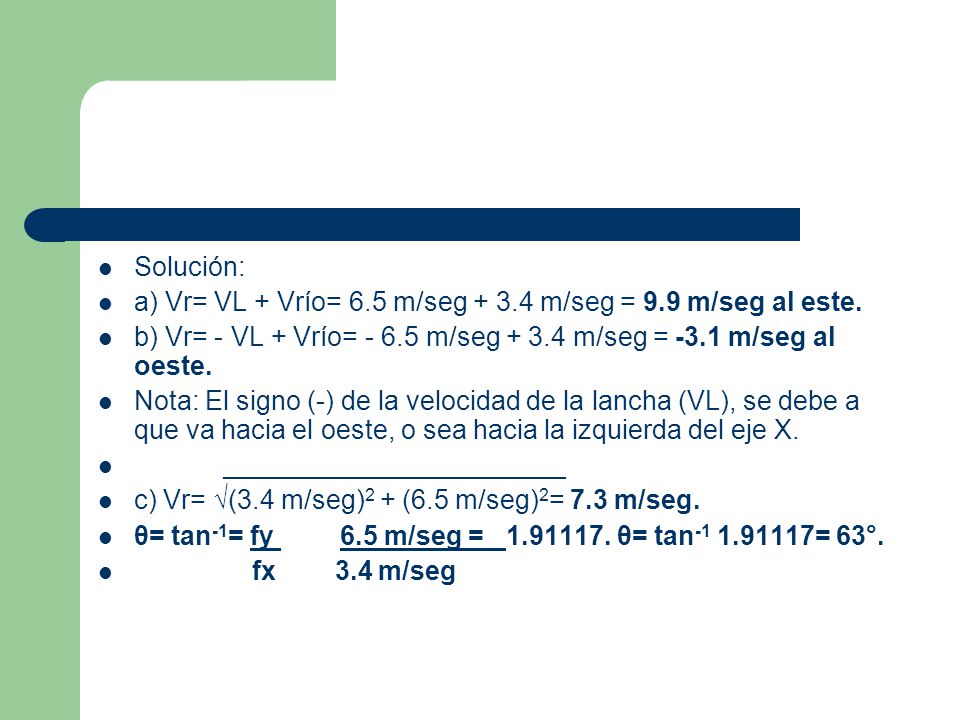 Solución: a) Vr= VL + Vrío= 6.5 m/seg m/seg = 9.9 m/seg al este. b) Vr= - VL + Vrío= m/seg m/seg = -3.1 m/seg al oeste.