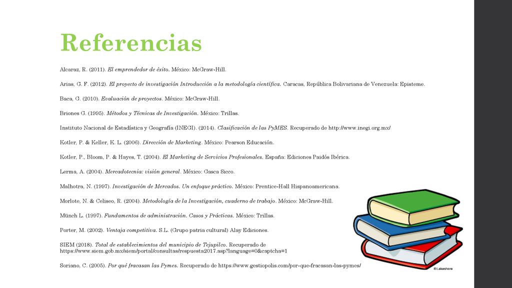 Referencias Alcaraz, R. (2011). El emprendedor de éxito. México: McGraw-Hill.