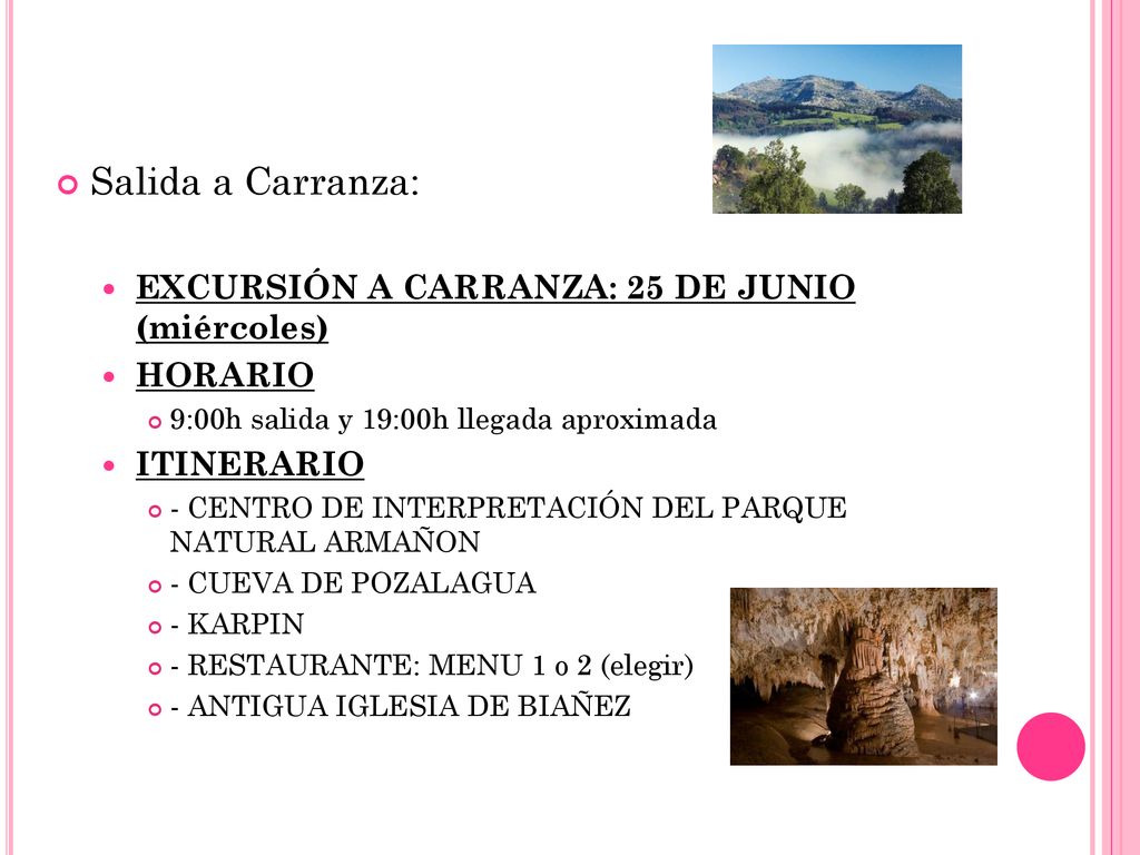 Salida a Carranza: EXCURSIÓN A CARRANZA: 25 DE JUNIO (miércoles)