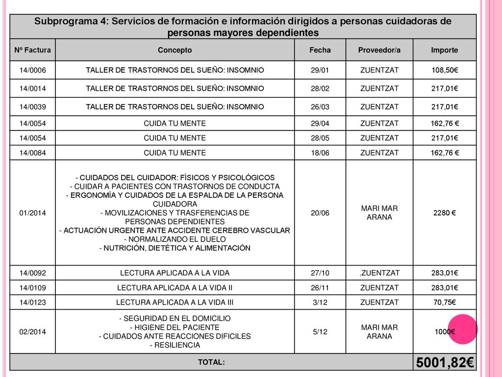 Subprograma 4: Servicios de formación e información dirigidos a personas cuidadoras de personas mayores dependientes