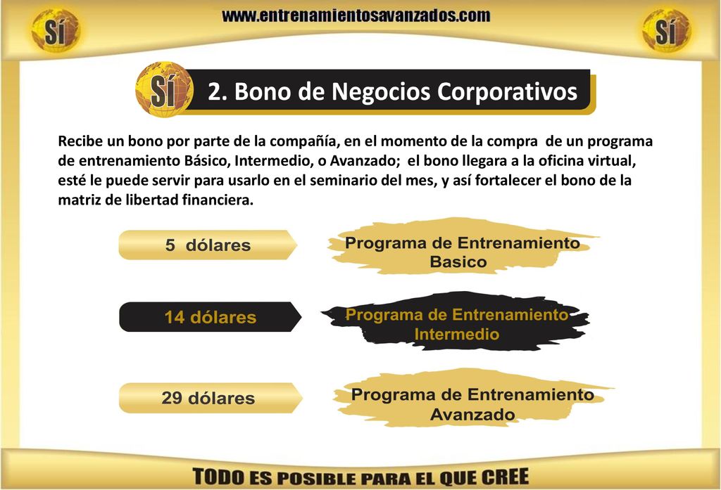 Recibe un bono por parte de la compañía, en el momento de la compra de un programa de entrenamiento Básico, Intermedio, o Avanzado; el bono llegara a la oficina virtual, esté le puede servir para usarlo en el seminario del mes, y así fortalecer el bono de la matriz de libertad financiera.