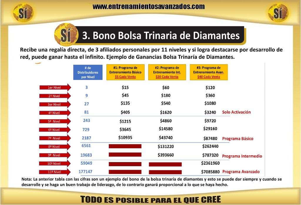 Recibe una regalía directa, de 3 afiliados personales por 11 niveles y si logra destacarse por desarrollo de red, puede ganar hasta el infinito. Ejemplo de Ganancias Bolsa Trinaría de Diamantes.