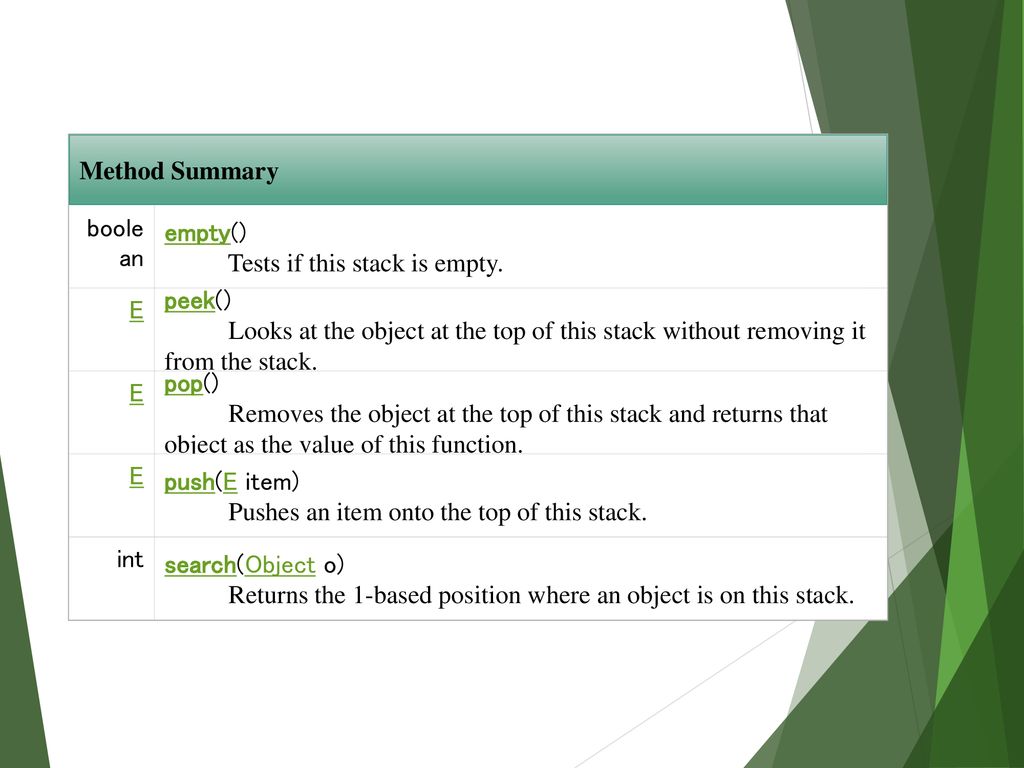 Method Summary boolean. empty() Tests if this stack is empty. E.