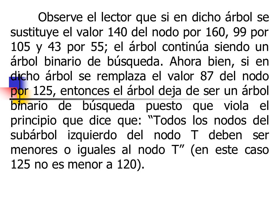 Observe el lector que si en dicho árbol se sustituye el valor 140 del nodo por 160, 99 por 105 y 43 por 55; el árbol continúa siendo un árbol binario de búsqueda.