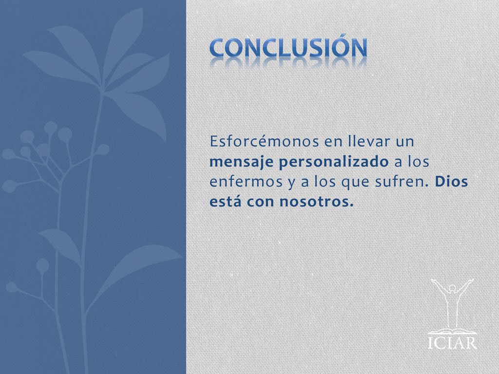 Conclusión Esforcémonos en llevar un mensaje personalizado a los enfermos y a los que sufren.