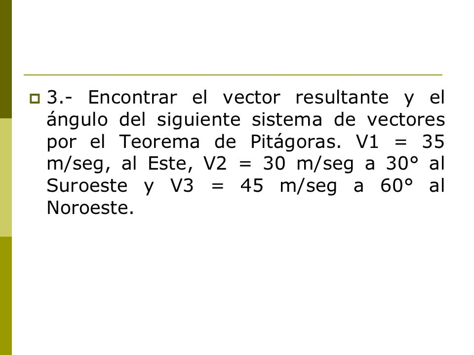 3.- Encontrar el vector resultante y el ángulo del siguiente sistema de vectores por el Teorema de Pitágoras.