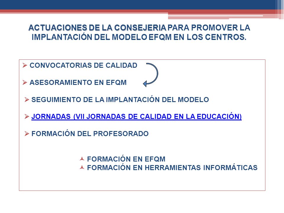 ACTUACIONES DE LA CONSEJERIA PARA PROMOVER LA IMPLANTACIÓN DEL MODELO EFQM EN LOS CENTROS.